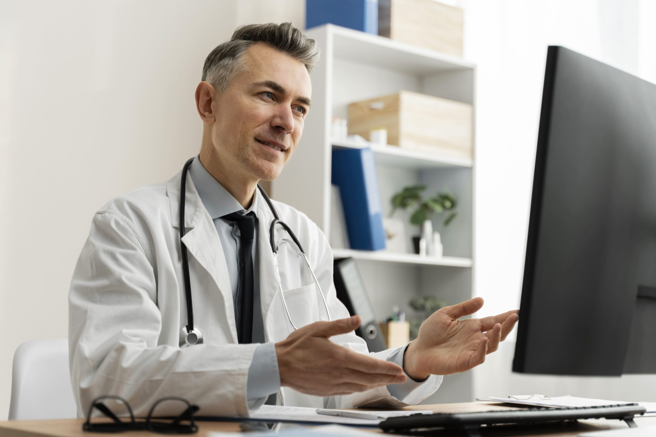 Médico no computador utilizando a telemedicina